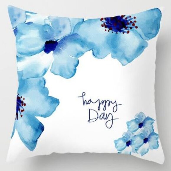 Happy Day Blue Flowers Pillow Cover - Picture 1 of 4